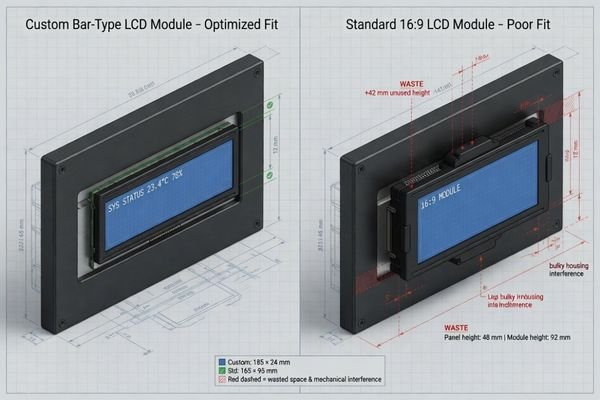 A diagram illustrating how a custom bar-type display fits perfectly into a narrow equipment panel, while a standard 16:9 screen would be too tall and create a bulky design.
