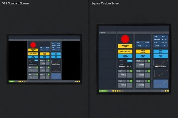 An illustration showing two UI layouts for the same information. One is on a 16:9 screen with lots of empty space. The other is on a custom-ratio square screen, resulting in a tight, efficient layout.