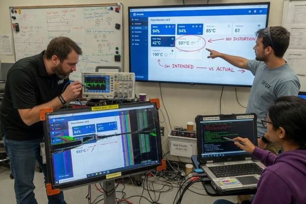 An image showing engineers reviewing hardware, firmware, and software signal settings for a custom LCD module