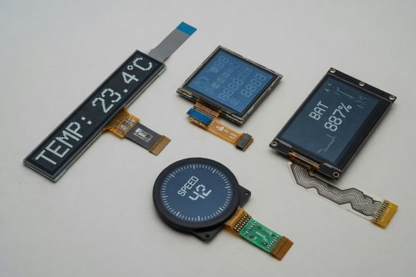 An overview of different display modules: a long and narrow bar-type, a perfect square, a vertical screen, and a round one.