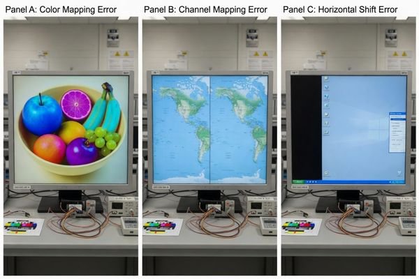 A collage of photos showing common display problems: a screen with inverted colors, another split in two, and a third with a shifted image.
