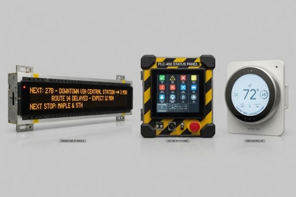 An image showcasing a variety of custom displays with different aspect ratios: a long bar-type display in a transportation sign, a square display in an industrial controller, and a round display in a smart home device.