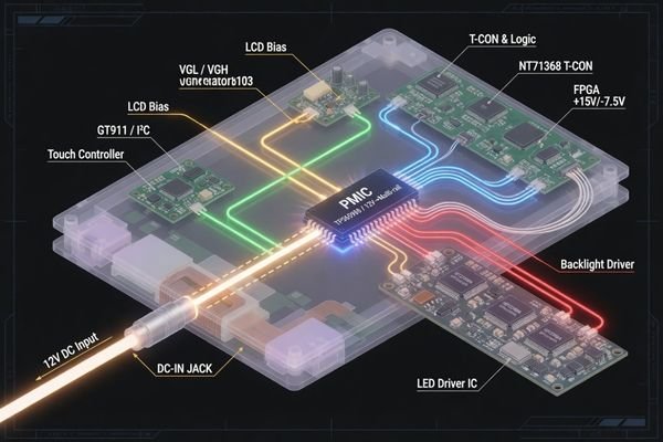 A module-level power architecture view for a custom LCD display, showing input power, logic rails, LCD bias, backlight driver, touch power, and protection design.