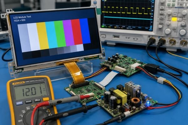 Custom LCD display module power design testing with controller board and measurement equipment