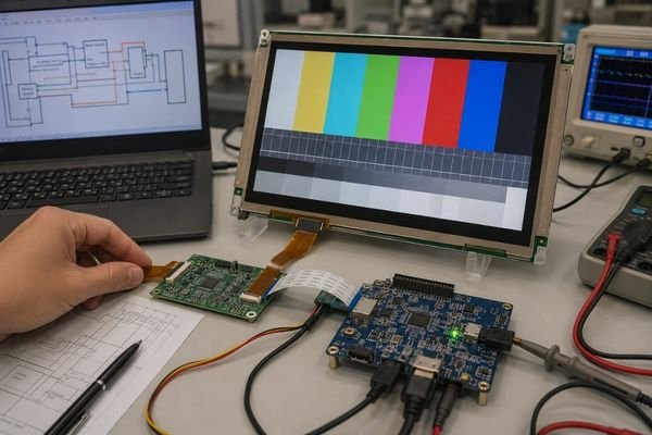 Custom LCD module signal mapping test with controller board, FPC cable, and display test pattern showing interface debugging on an engineering workbench