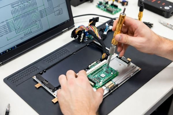 A diagram showing a display module connecting to a system controller, with callouts for key interface considerations like LVDS/eDP, power, and signal integrity.