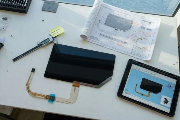 An image of an engineer's desk with calipers, a display module, and technical drawings, symbolizing the practical constraints of custom display design.