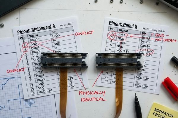 An image showing two identical connectors with different pinout diagrams next to them, illustrating that the physical connection doesn't guarantee electrical compatibility.