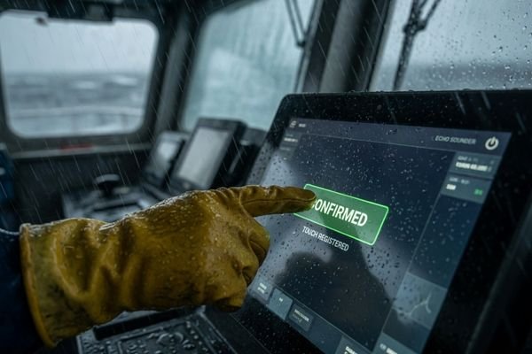 A user wearing work gloves operating an embedded marine equipment touchscreen in a wet outdoor environment near a vessel or port facility.