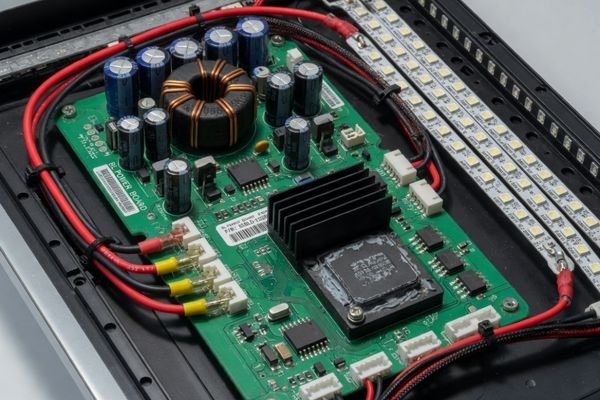 A high-brightness LCD module power design showing LED backlight strings, constant-current driver, dimming control, and thermal path.