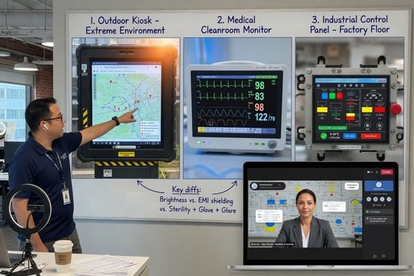 A supplier engineer reviewing an LCD module application diagram for an outdoor terminal, industrial control device, and embedded equipment project.