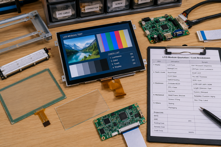 LCD module cost breakdown with display panel, controller board, touch panel, cover glass, and quotation sheet