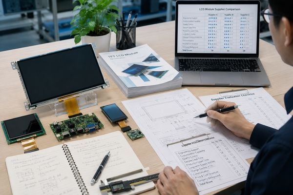 LCD module supplier evaluation with display samples, technical drawings, controller board, and project checklist