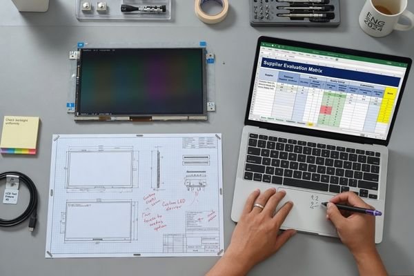 An equipment engineer reviewing an LCD module sample, technical drawing, and supplier evaluation checklist on a clean engineering workbench.