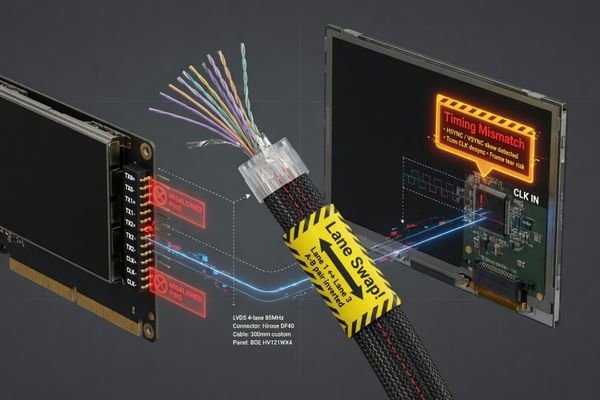 A diagram illustrating the signal path from a mainboard, through a cable, to a custom LCD module, with callouts highlighting potential mapping error points like pinout, lane order, and timing.