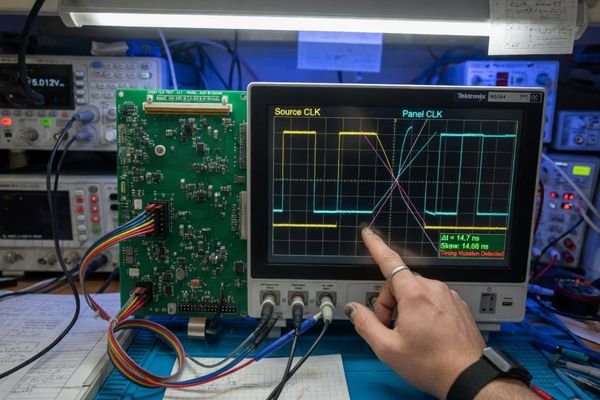 An image showing an engineering review of a custom LCD module signal path with controller board and cable mapping