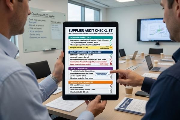 An LCD module supplier evaluation checklist showing technical requirements, mechanical drawing, application environment, quantity, lifecycle, and certification plan.