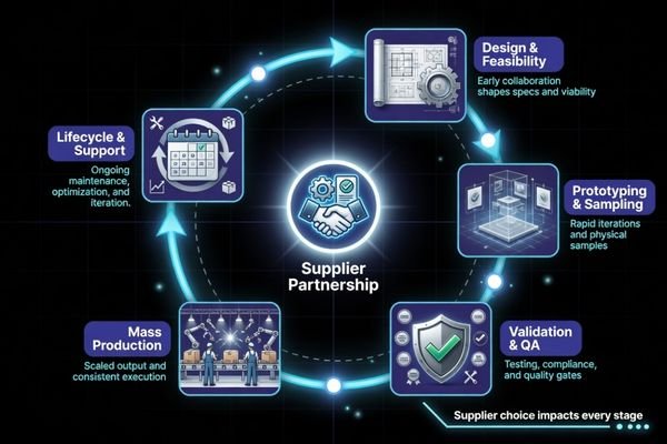 An infographic showing how LCD module supplier selection affects design, sampling, validation, production, and lifecycle support.