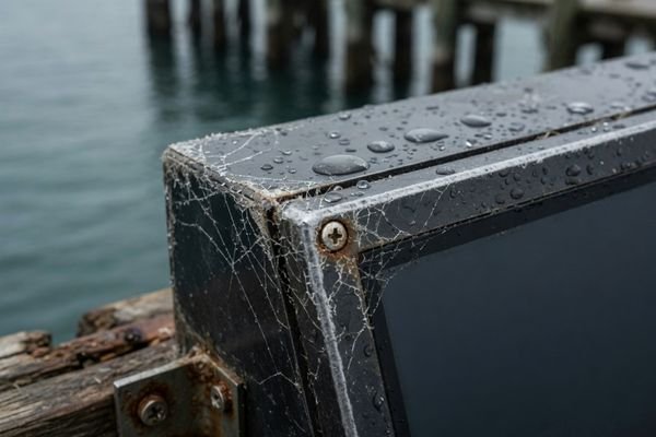 A marine outdoor equipment display module with moisture droplets and salt residue around the enclosure area, showing environmental risk points.