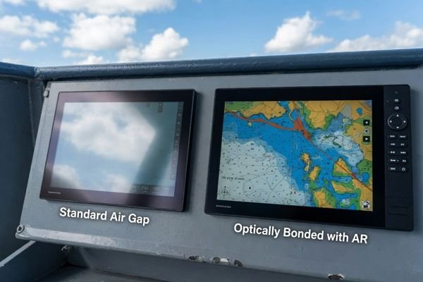 A comparison of two marine LCD modules under sunlight, one with strong reflection and one with optical bonding and anti-reflective treatment showing clearer visibility.