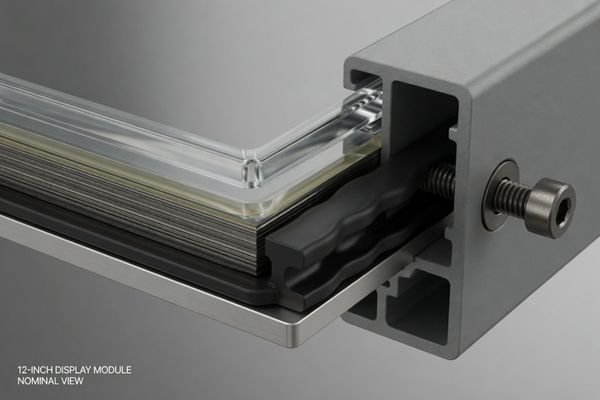 A CAD-style cross-section of a marine LCD module integrated into a sealed outdoor equipment enclosure, showing mounting points, cover glass, gasket area, and cable routing.