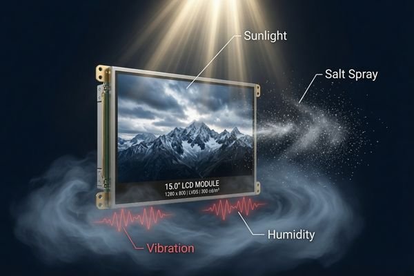 A technical illustration showing sunlight, humidity, salt exposure, vibration, and temperature change affecting one marine LCD module.