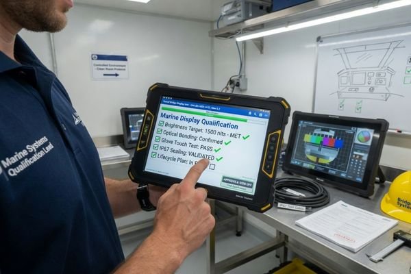 A marine LCD module selection checklist showing brightness, optical bonding, surface treatment, temperature, touch, interface, mechanical design, and lifecycle.