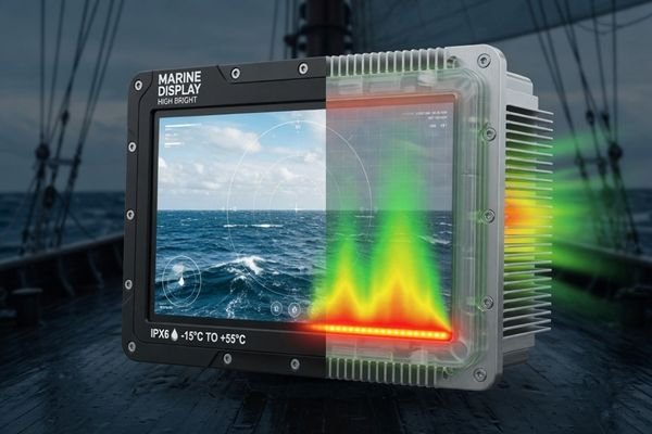 A thermal analysis view of a high-brightness marine LCD module showing heat generated by the LED backlight and transferred through the metal structure.