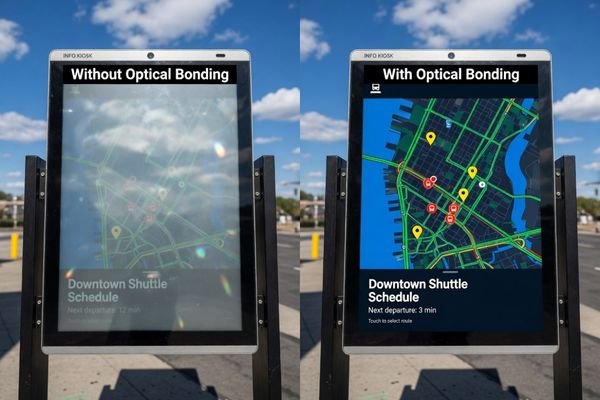A side-by-side comparison of two kiosk screens in the sun. The screen on the left, without optical bonding, is washed out and full of reflections. The screen on the right, with optical bonding, is clear and vibrant.