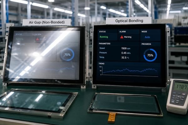 Optical bonding vs air gap industrial display comparison showing glare reduction and improved readability