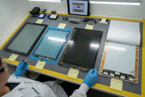 An image showing an engineer examining the layered structure of an outdoor display module, including the LCD, touch sensor, and cover glass.