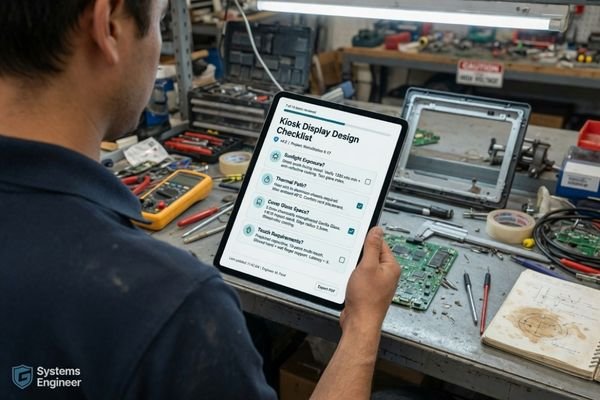 A stylized graphic of an engineer's checklist, with key questions about the kiosk's environment and operational needs.