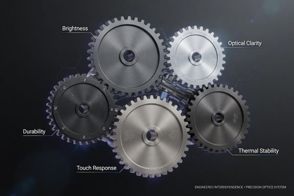 An infographic displaying the key requirements for an outdoor kiosk display as interconnected gears: Brightness, Optical Clarity, Thermal Stability, Touch Response, and Durability.