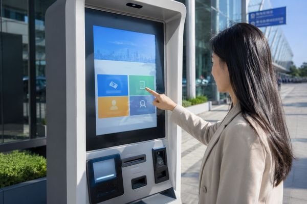 Outdoor kiosk touchscreen display with sunlight readable screen being used in bright daylight for self-service applications