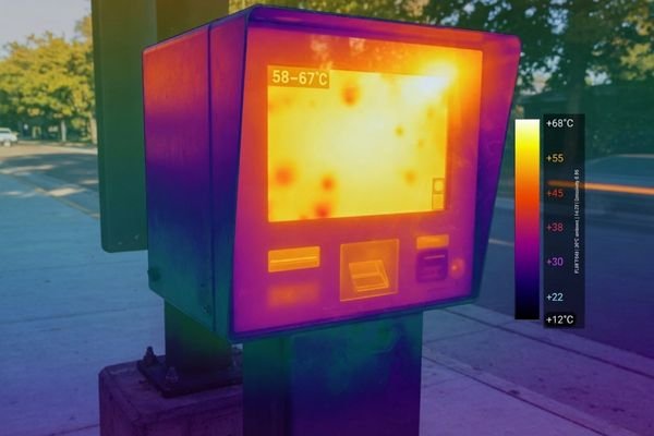 A thermal image of an outdoor kiosk, showing heat building up around the display area and illustrating the need for effective heat dissipation.