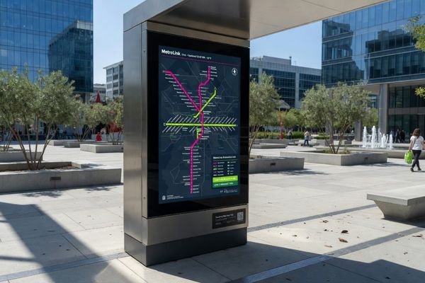 An image of a sleek outdoor kiosk operating flawlessly in bright, direct sunlight, with a clear and readable screen.