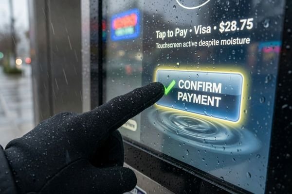 A close-up of a user's hand wearing a glove, successfully operating a touch screen on an outdoor payment kiosk in the rain.