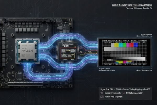 A diagram showing how a custom resolution is mapped onto a non-standard aspect ratio display, highlighting the importance of timing and controller support.