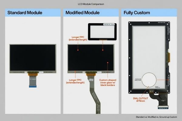 A comparison graphic showing standard LCD module, modified LCD module, and fully custom LCD module options for different project requirements.