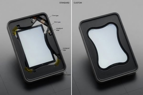 An image showing a standard display format compared with a custom aspect ratio display fitted into a product enclosure