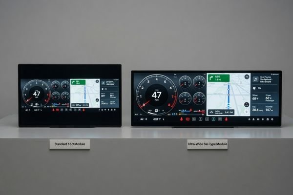 An image comparing a standard 16:9 display next to a custom ultra-wide bar-type display, showing how the latter is better suited for a dashboard layout.