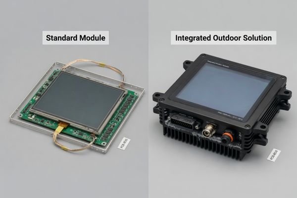 An image showing a standard LCD module compared with a customized outdoor kiosk display module structure