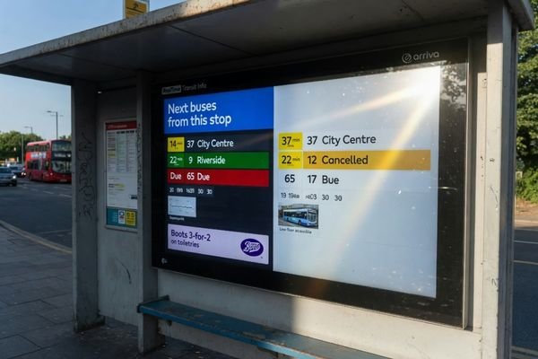 A side-by-side comparison of two displays on a sunny platform. One is washed out, while the other, featuring high brightness and optical bonding, remains crisp and clear.