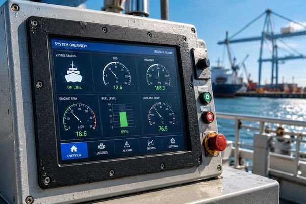 Sunlight readable marine LCD module integrated into an outdoor port equipment control panel