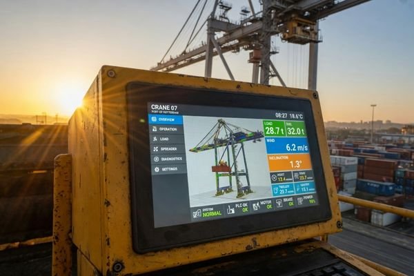 An embedded marine equipment display module used in an outdoor control panel near a port environment, showing clear visibility under bright sunlight.
