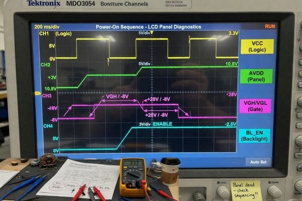 A timing diagram showing a typical TFT LCD power-up sequence with logic voltage, AVDD, VGH, VGL, and backlight enable signals.