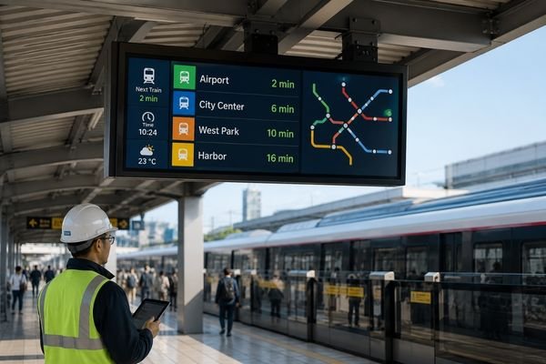 Passenger information display in a modern train station showing transportation display requirements for sunlight readability and system reliability