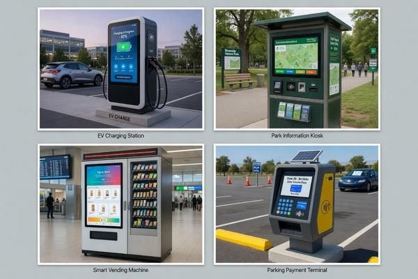 A collage of different outdoor kiosk types: a payment terminal, a vending machine, an EV charging station, and a ticketing kiosk.