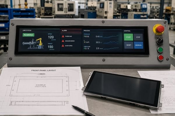 Ultra-wide LCD integrated into an industrial control panel with HMI status, alarm, and process data layout