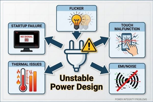 A diagram showing how display power design affects startup, brightness stability, flicker, EMI, thermal behavior, and touch performance.